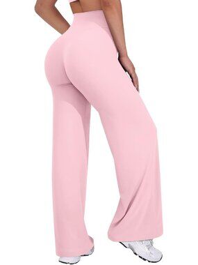 Women's Light Pink High Waist Stretch Casual Straight Bottoms Wide Leggings